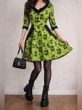 Voodoo Vixen Green Cat Print Fit & Flare Dress Size S 🐈‍⬛✨